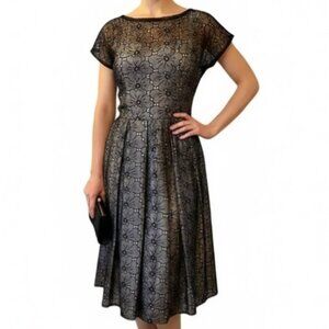 Vintage 1950s Black Floral Organza Eyelet Cocktail Dress Fit & Flare MCM Small